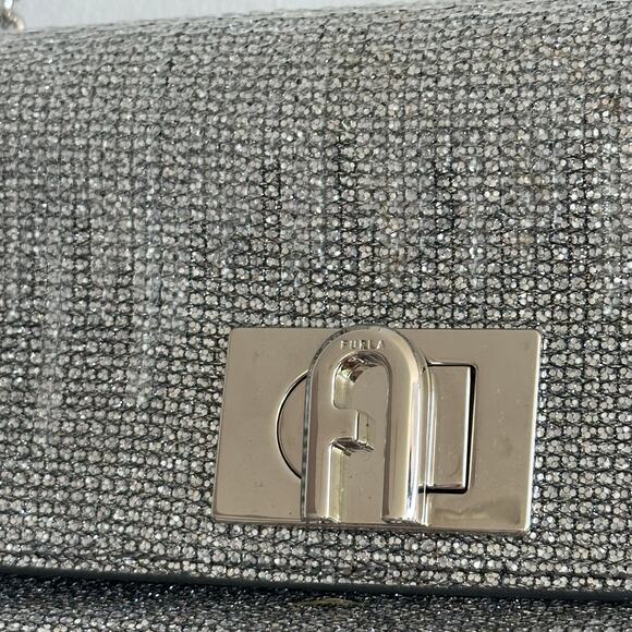 FURLA 1927 Glitter Embellished Chain Strap Mini Crossbody Bag Silver - Picture 4 of 10